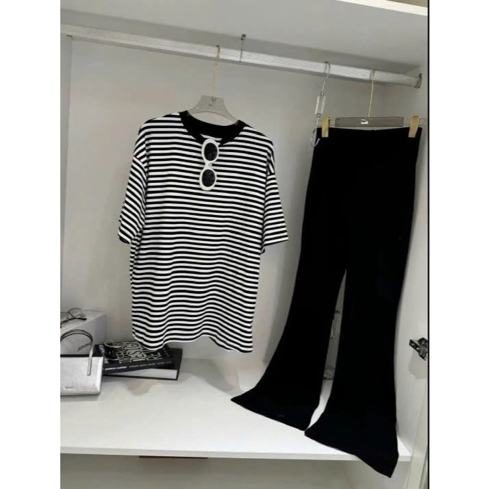 Sét Quần Áo Nữ Hè Hotrend - Áo Vằn Cộc Tay + Quần Dài Ống Loe Bản Trơn Xinh Xắn Phong Cách Hàn Quốc