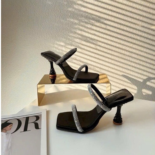 Dép Cao Gót Nữ Quai Đá 9cm Cone Heel – Hàng Thiết Kế, Mũi Vuông, Gót Kiểu Pháp Sang Trọng Tôn Dáng