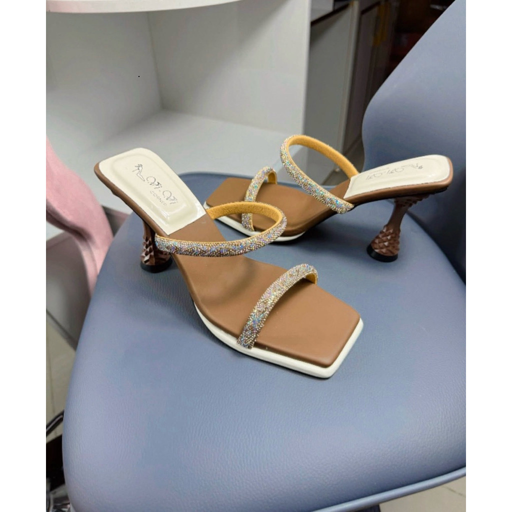 Dép Cao Gót Nữ Quai Đá 9cm Cone Heel – Hàng Thiết Kế, Mũi Vuông, Gót Kiểu Pháp Sang Trọng Tôn Dáng