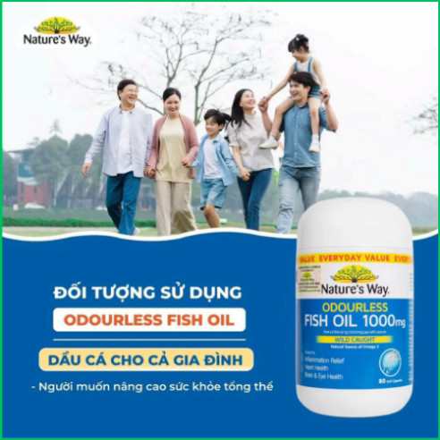 Chính Hãng -  Dầu cá Nature’s Way 1000mg Odourless Fish Oil hộp 80 viên hỗ trợ mắt và não