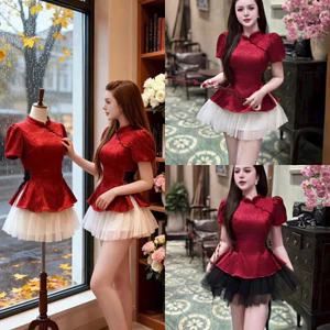 Set váy style thời trang nữ trẻ trung chất áo gấm cổ trụ chiết eo nhẹ xẻ vạt 2 bên mix chân váy 2 lưới ngắn xòe có lót
