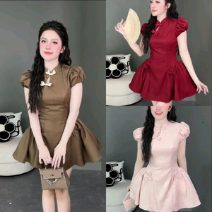 Đầm cổ tàu dáng xoè tùng rộng chất vài xược hàn có mocking sau hàng đẹp thiết kế chuẩn