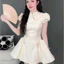 Đầm cổ tàu dáng xoè tùng rộng chất vài xược hàn có mocking sau hàng đẹp thiết kế chuẩn