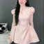 Đầm cổ tàu dáng xoè tùng rộng chất vài xược hàn có mocking sau hàng đẹp thiết kế chuẩn