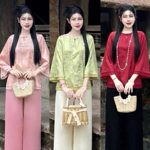 Set Đồ Lam Áo Gấm Hoa Cổ Đính Nút Mây Tay Lửng + Quần Ống Xuông Rộng