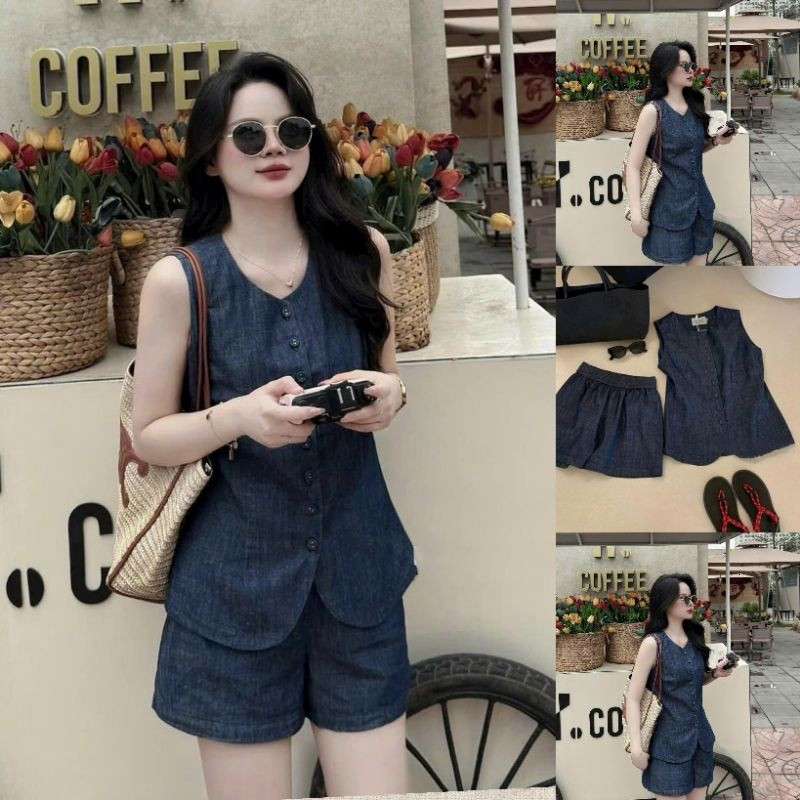 Set bộ đùi thời trang nữ chất vải Jean Demin áo sát nách mặc đi chơi dạo phố