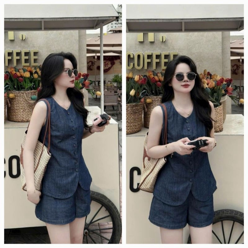 Set bộ đùi thời trang nữ chất vải Jean Demin áo sát nách mặc đi chơi dạo phố