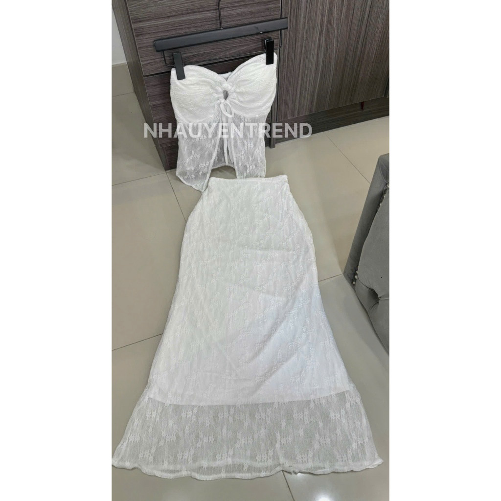 Set váy dài nữ thiết kế áo rút dây ngực vải ren hoa áo có mút ngực dày dặn mix chân váy hai lớp dài xòe hợp để đi biển
