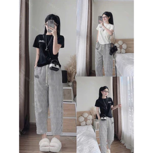 Set bộ thời trang Nữ tuổi teen áo phông cotton tay ngắn in chữ cá tính phối quần xốp dài ống suông kẻ sọc rút dây eo