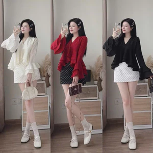 Set váy áo tơ gãy cổ V 2 lớp tay loe tà bèo phối chân váy chữ A chấm bi, Set váy siêu xinh cho nàng đi chơi, dạo phố