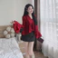 Set váy áo tơ gãy cổ V 2 lớp tay loe tà bèo phối chân váy chữ A chấm bi, Set váy siêu xinh cho nàng đi chơi, dạo phố