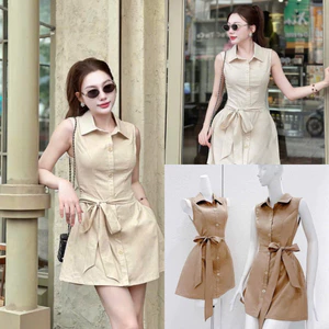 Đầm thời trang nữ phong cách thanh lịch chất kaki không tay cổ sơmi cột eo tạo điểm nhấn váy dáng mini xòe