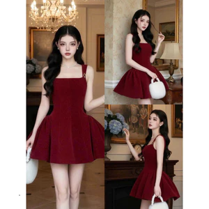 Đầm thời trang nữ chất nhung dày dặn kèm quần cổ vuông thiết kế hai dây gợi cảm dáng váy ngắn xòe ôm eo tôn dáng