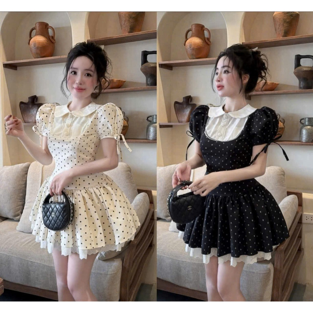 Đầm thời trang nữ syle nàng thơ chất mango phối viền ren thiết kế tay búp cổ bèo lá họa tiết in chấm bi váy dáng xòe