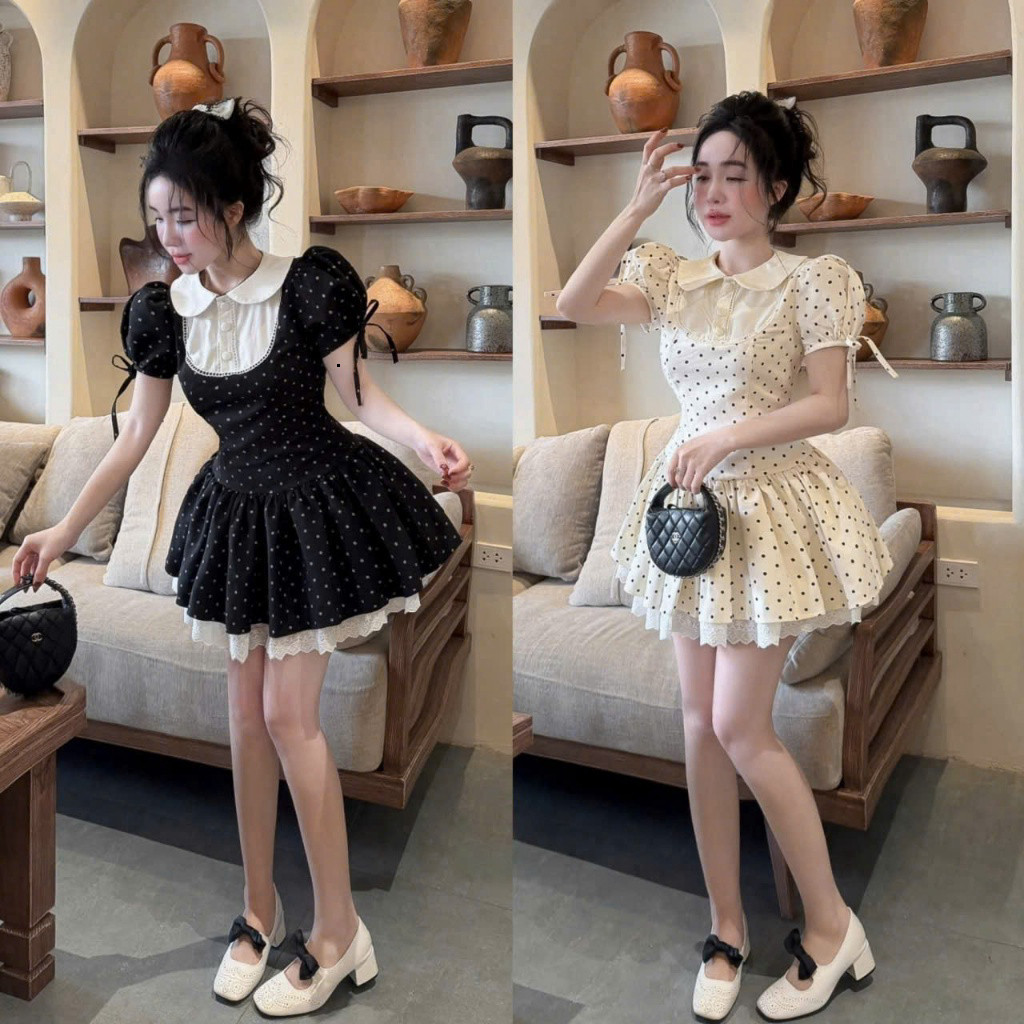 Đầm thời trang nữ syle nàng thơ chất mango phối viền ren thiết kế tay búp cổ bèo lá họa tiết in chấm bi váy dáng xòe