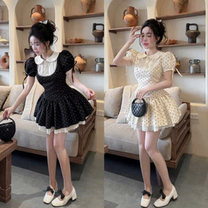 Đầm thời trang nữ syle nàng thơ chất mango phối viền ren thiết kế tay búp cổ bèo lá họa tiết in chấm bi váy dáng xòe