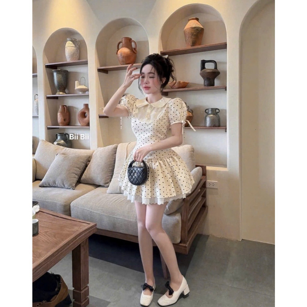 Đầm thời trang nữ syle nàng thơ chất mango phối viền ren thiết kế tay búp cổ bèo lá họa tiết in chấm bi váy dáng xòe