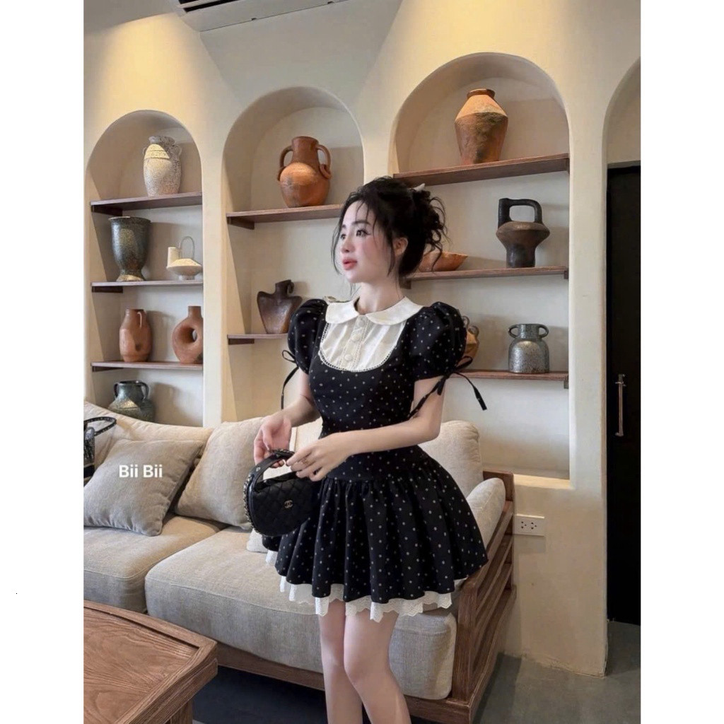 Đầm thời trang nữ syle nàng thơ chất mango phối viền ren thiết kế tay búp cổ bèo lá họa tiết in chấm bi váy dáng xòe