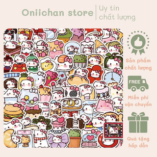 Set 100 sticker mèo nhỏ nơ hồng xin chào dễ thương trang trí điện thoại laptop sổ tay quà tặng