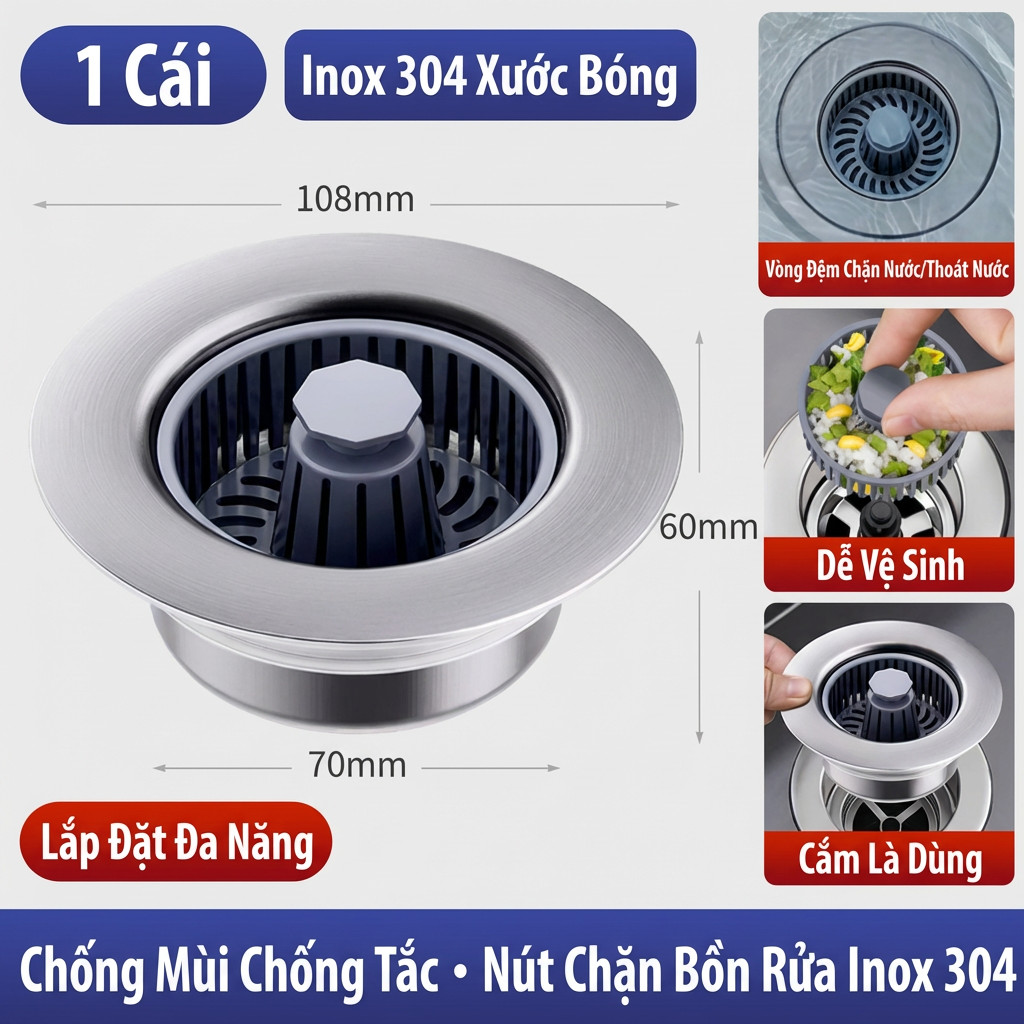 Bộ Lọc Rác Bồn Rửa Chén Inox 304, Nút Nhấn Xả Thông Minh, Ngăn Mùi Chống Tắc Nghẽn