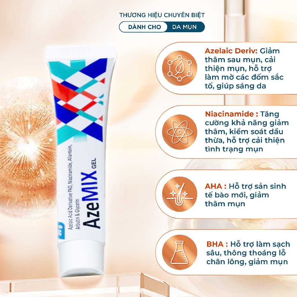 Azemix Gel Tuýp Nhỏ 20g – Hỗ Trợ Làm Sáng Da, Mờ Thâm, Cải Thiện Da Mụn