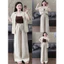 Set thời trang nữ sang chảnh mặc đi chơi chất đũi vân mây áo tay dài kèm lót thun phối quần dài ống rộng có dây thắt eo