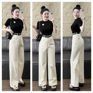 QUẦN JEANS ỐNG RỘNG NỮ LƯNG CAO THÊU THỎ TÚI SAU VÀ LAI QUẦN MÀU KEM MÀU ĐEN BASIC SANG TRỌNG HACK DÁNG
