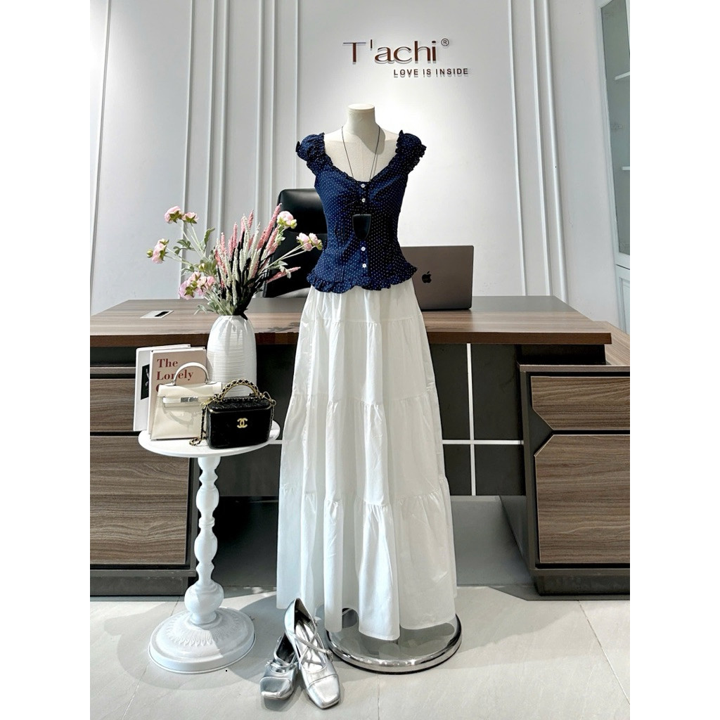 Set áo bi cột dây lưng kèm chân váy