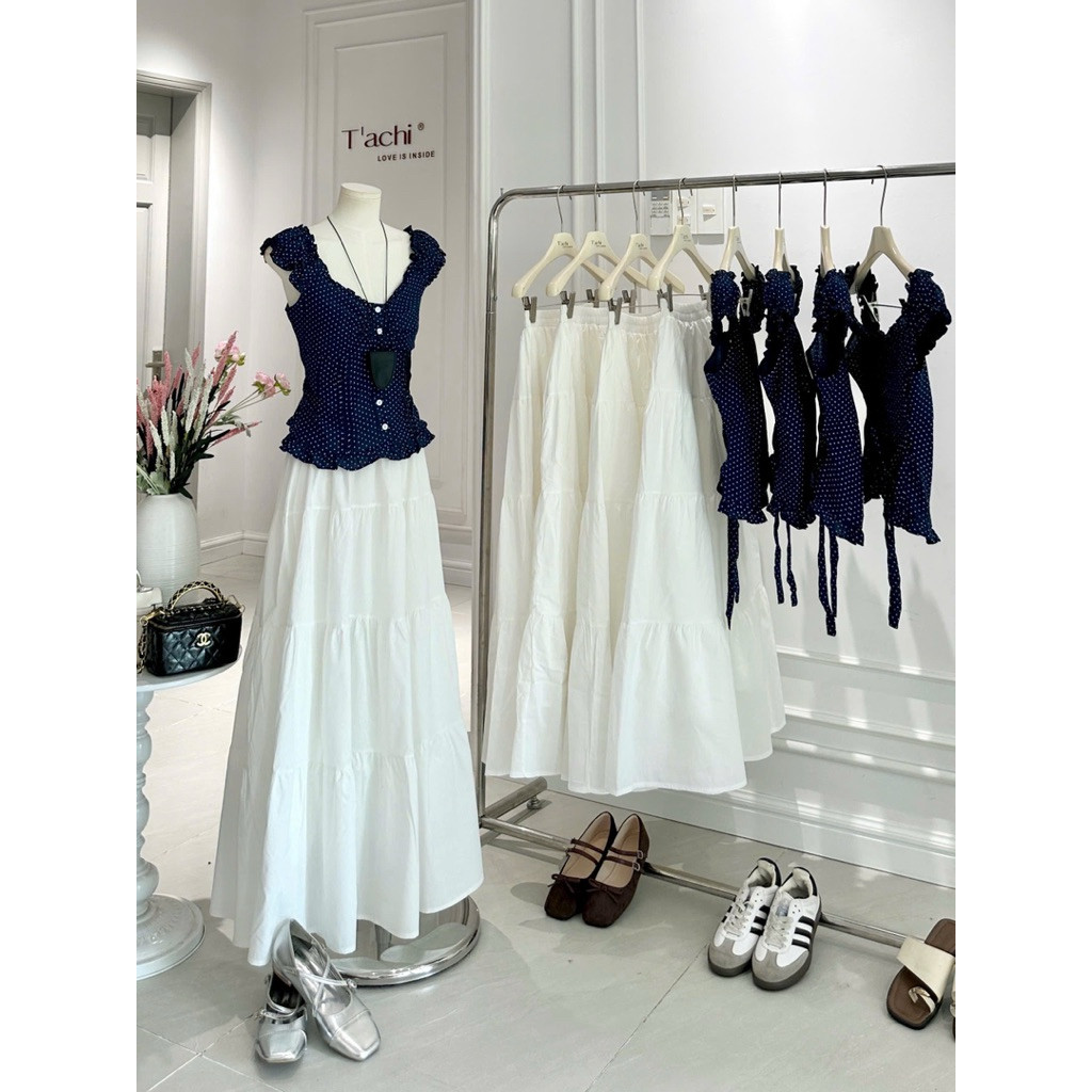 Set áo bi cột dây lưng kèm chân váy