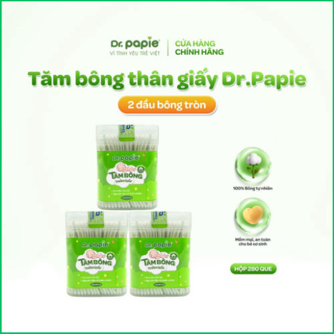 Combo 3 hộp tăm bông thân giấy Dr.Papie 2 đầu tròn 100% cotton mềm mại, an toàn, vệ sinh cho bé sơ sinh (280c /hộp)