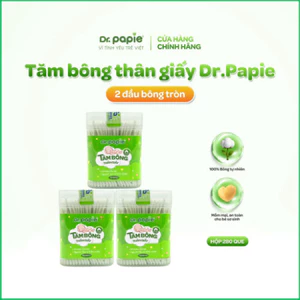 Combo 3 hộp tăm bông thân giấy Dr.Papie 2 đầu tròn 100% cotton mềm mại, an toàn, vệ sinh cho bé sơ sinh (280c /hộp)
