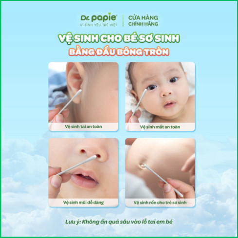 Combo 3 hộp tăm bông thân giấy Dr.Papie 2 đầu tròn 100% cotton mềm mại, an toàn, vệ sinh cho bé sơ sinh (280c /hộp)