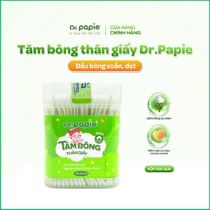 Tăm bông thân giấy Dr.Papie đầu bông xoắn dẹt 100% cotton mềm mại, an toàn, vệ sinh cho bé hằng ngày (200c/hộp)
