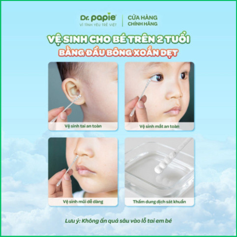 Tăm bông thân giấy Dr.Papie đầu bông xoắn dẹt 100% cotton mềm mại, an toàn, vệ sinh cho bé hằng ngày (200c/hộp)