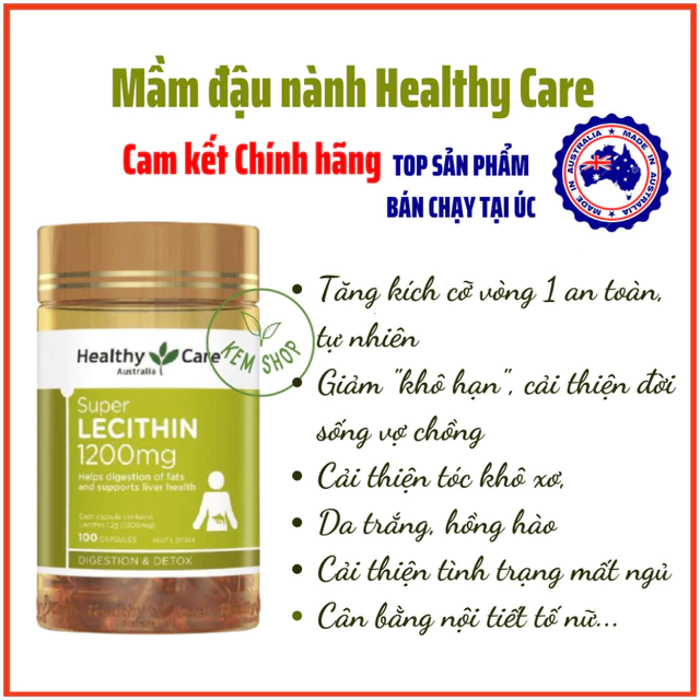[Kemshop] [Cam kết Chính hãng] Mầm đậu nành Úc Healthy Care Super Lecithin 100v đẹp da, tăng size vòng 1, cân bằng nội t