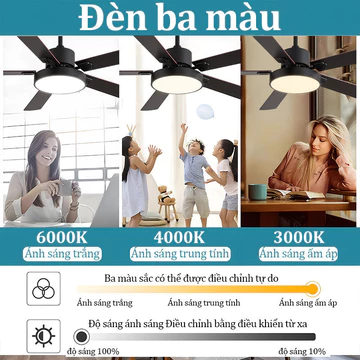 Quạt gỗ rắn Lõi Đồng 6 Tốc Độ Gió Đèn Led 3 Chế Độ Ánh Sáng,Có Đảo Chiều Hút Ẩm quạt trần phòng khách quạt trần có đèn