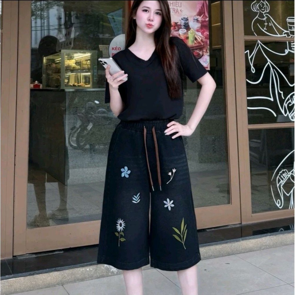 Quần Lửng Qua Gối Thêu Hoa xinh Sắn Cho Nữ 38-75kg Phong Cách Hàn Quốc