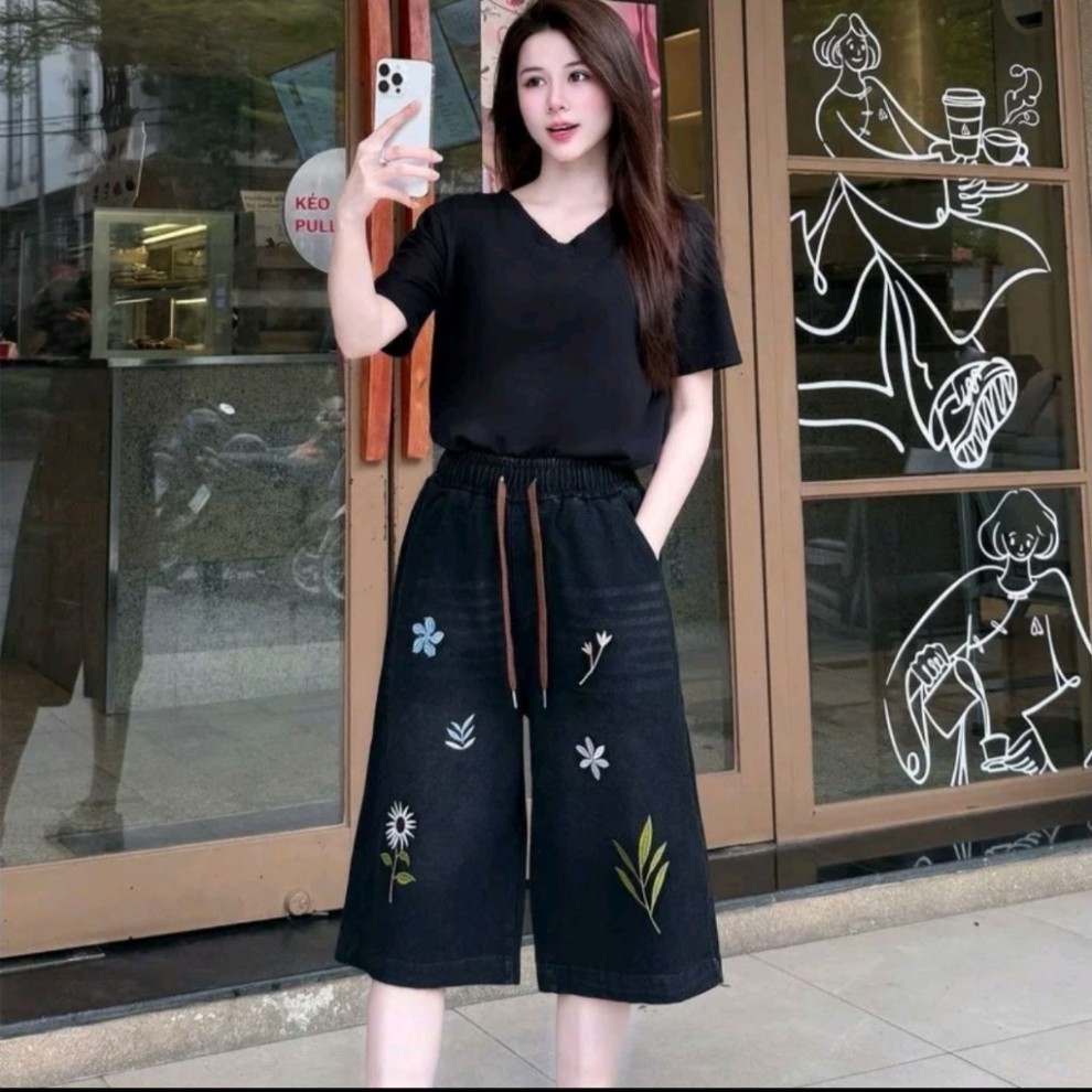 Quần Lửng Qua Gối Thêu Hoa xinh Sắn Cho Nữ 38-75kg Phong Cách Hàn Quốc