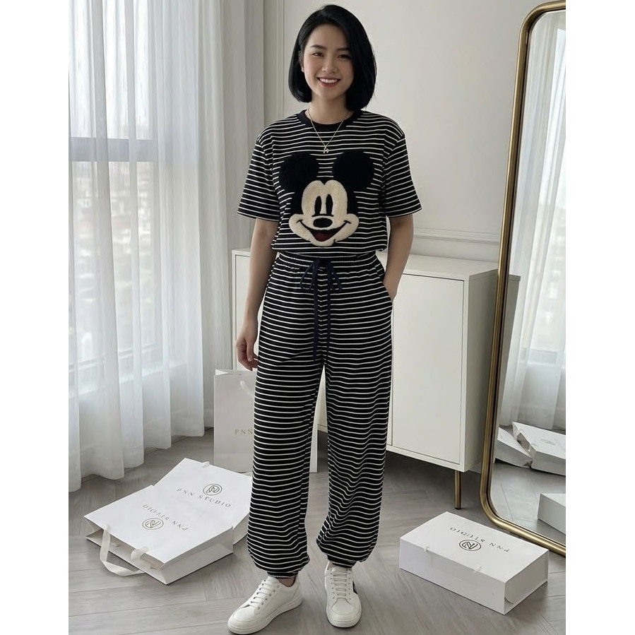 Sét Bộ Nữ Hotrend Hoạ Tiết Kẻ Vằn Thêu Xù Chuột Mikey Tay Lỡ From Rộng Basic Đáng Yêu
