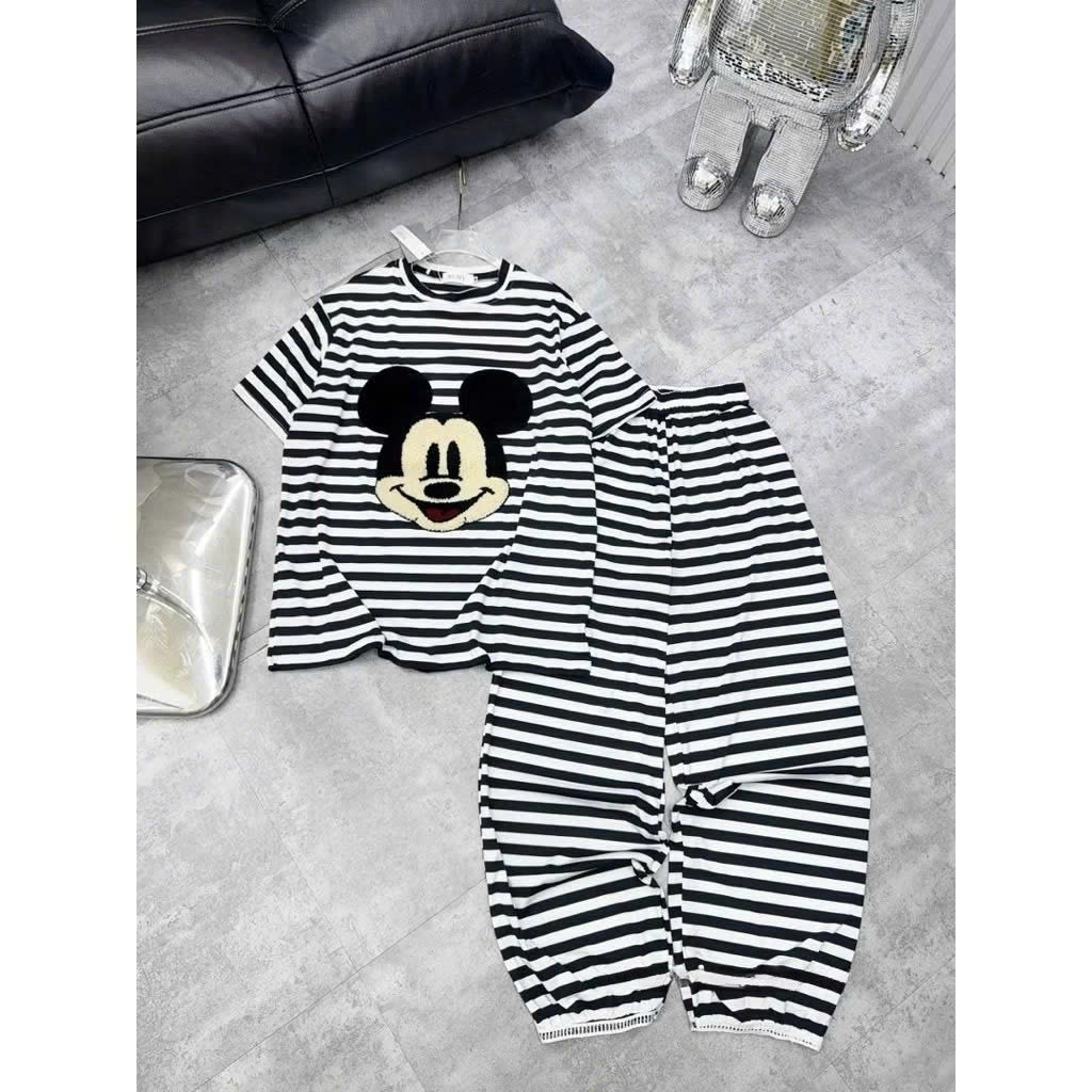 Sét Bộ Nữ Hotrend Hoạ Tiết Kẻ Vằn Thêu Xù Chuột Mikey Tay Lỡ From Rộng Basic Đáng Yêu