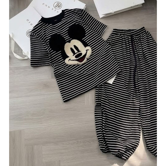 Sét Bộ Nữ Hotrend Hoạ Tiết Kẻ Vằn Thêu Xù Chuột Mikey Tay Lỡ From Rộng Basic Đáng Yêu