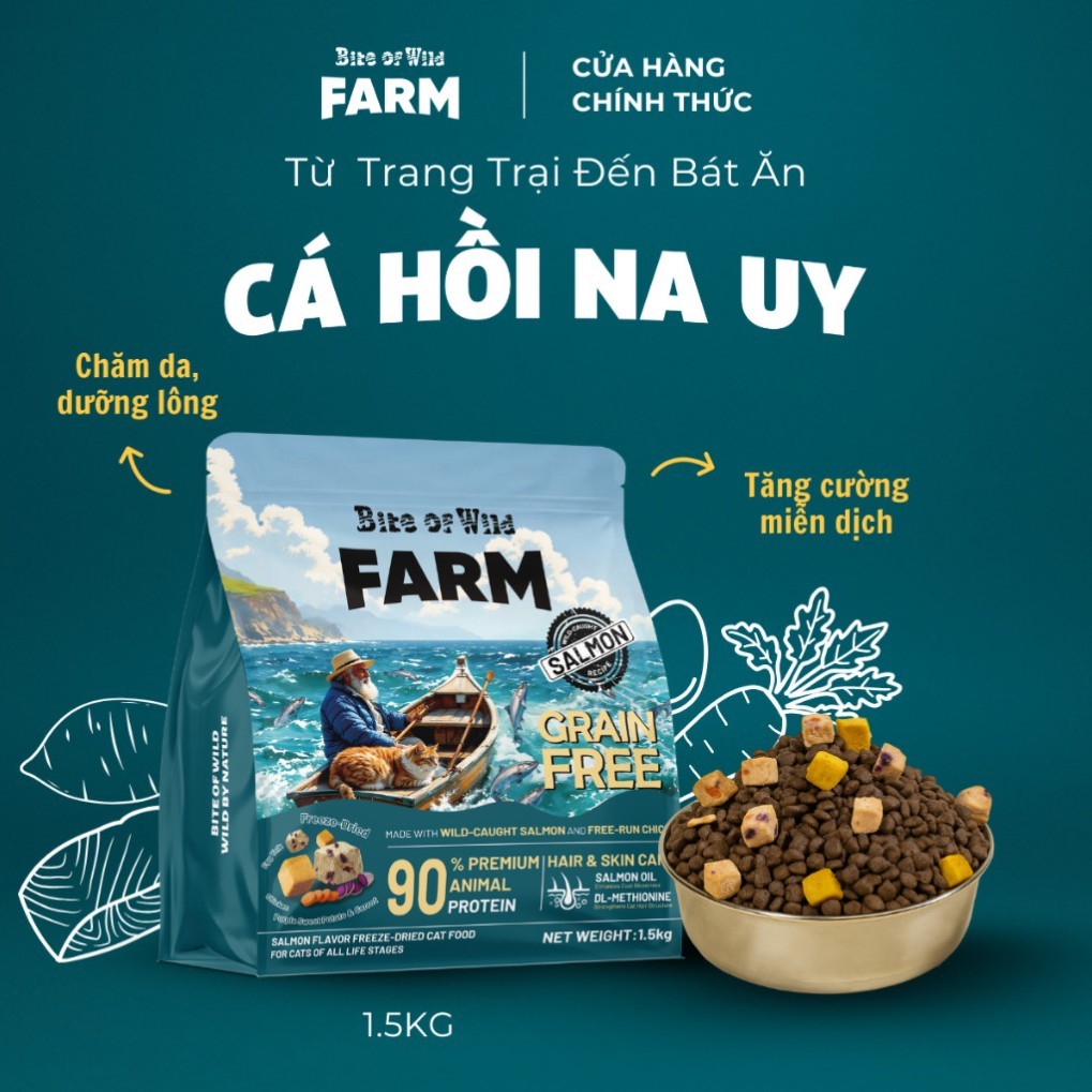 Hạt Cho Mèo Bite Of Wild Farm Cá Hồi, Gói 1.5KG, 90% Thịt Cá Hồi Na Uy, Gà Nuôi Thả, 6 Loại Chất Xơ