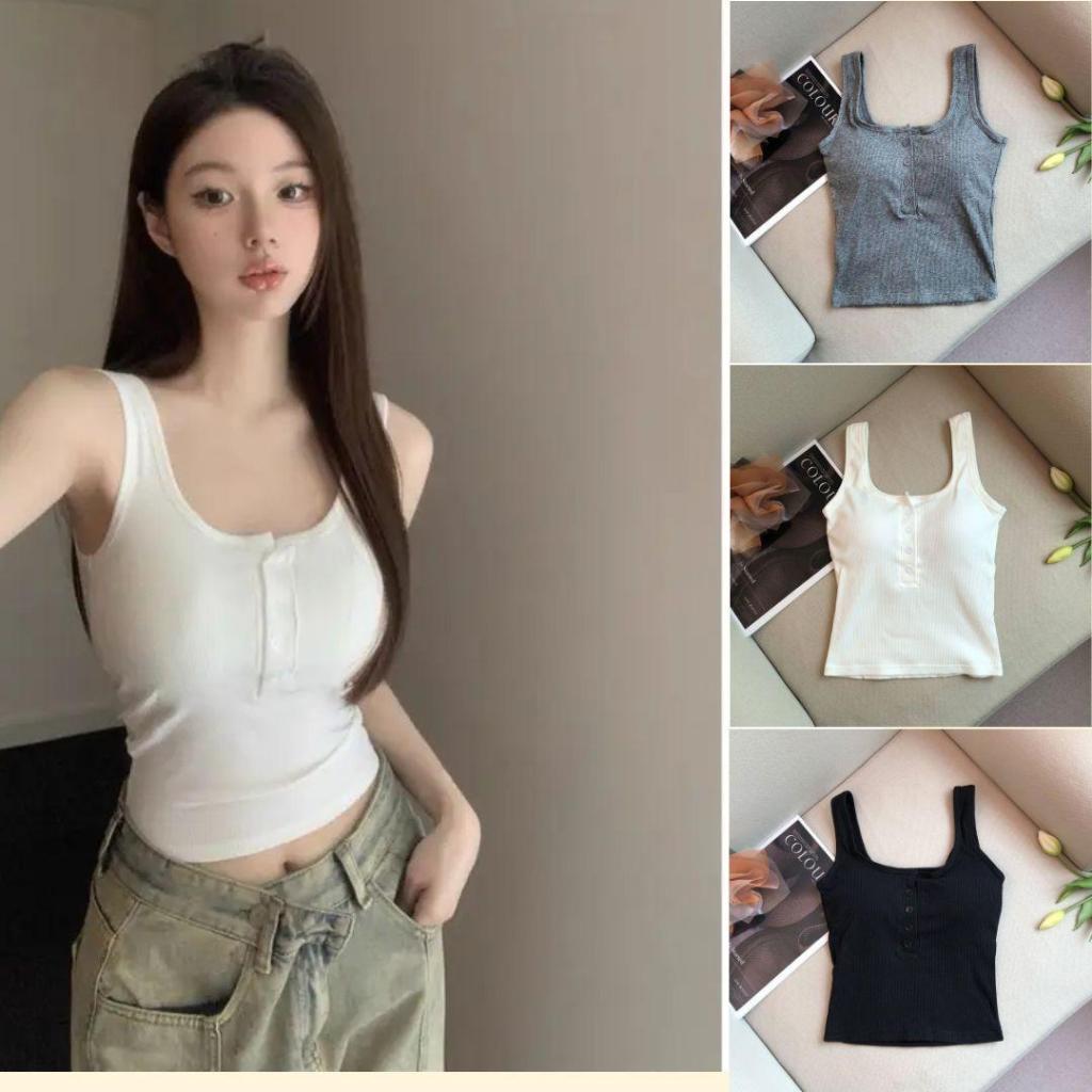 < Kèm Mút Ngực >Áo Tank Top Mặc Sát Nách Cài Cúc Cổ Ôm Dáng Xinh Xắn Dễ Thương