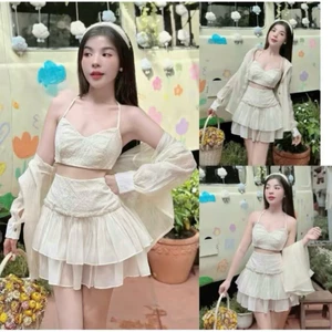 Set 3 món chân váy áo bra kèm sơ mi voan kèm áo khoác, cho các nàng đi biển