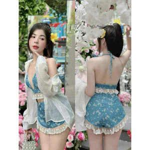 Set 3 món đi biển, sét bikini kaki áo cổ yếm mút ngục phối ren, quần short viền ren mix áo khoác tơ tay dài
