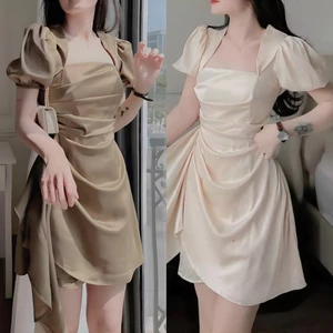 Đầm Váy Phi Lụa Bóng Sang Trọng 2 Màu Trắng Nude Và Nâu Dự Tiệc