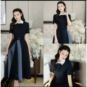 Đầm Nữ Dự Tiệc, Váy Thiết Kế Cổ Sơ Mi Tay Ngắn Đính Nơ Eo Midi Dáng Xòe Nhẹ Nhàng Sang Trọng