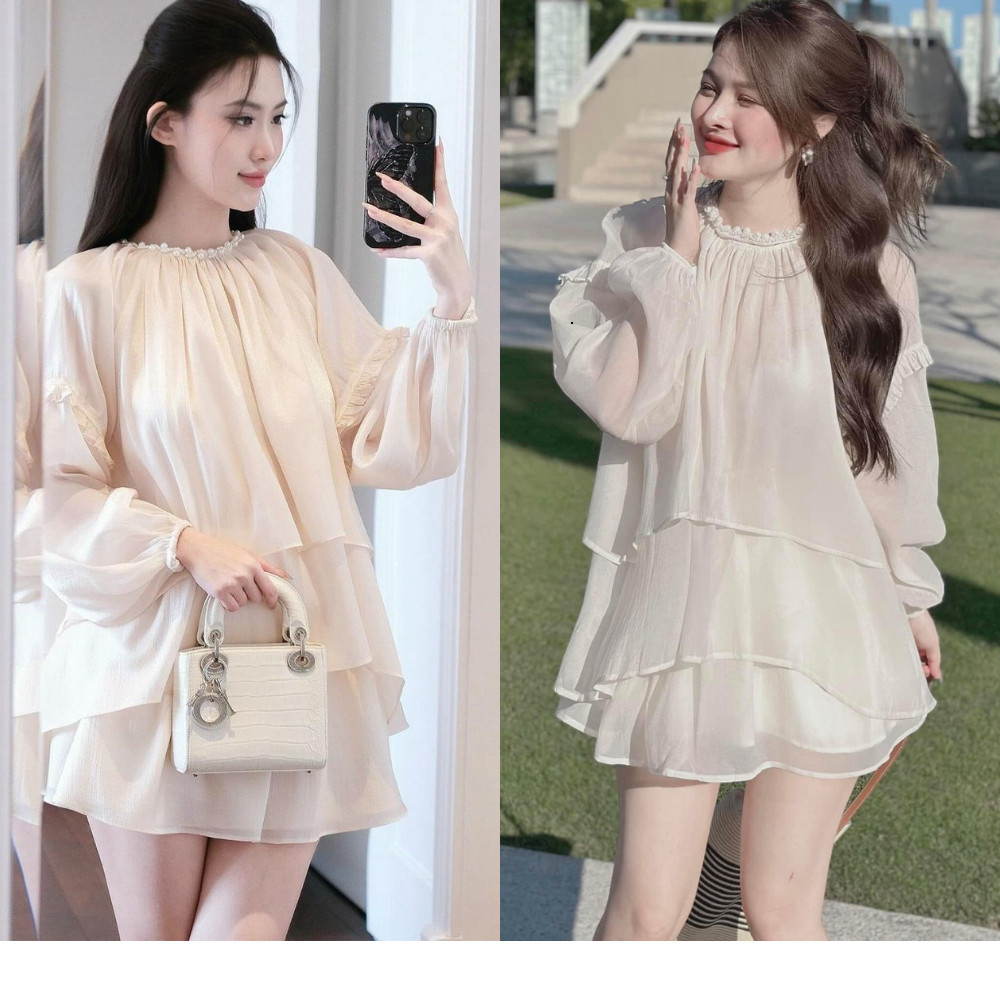 Set Áo Tơ Mix Chân Váy Xoè Tiểu Thư, Thiết Kế Họa Tiết Cổ Ngọc Chất Tơ Mềm Phong Cách Nữ Tính Điệu Đà