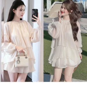 Set Áo Tơ Mix Chân Váy Xoè Tiểu Thư, Thiết Kế Họa Tiết Cổ Ngọc Chất Tơ Mềm Phong Cách Nữ Tính Điệu Đà