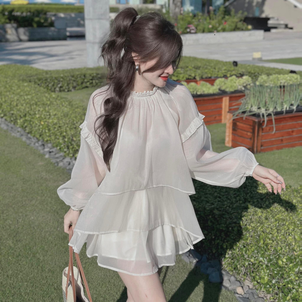 Set Áo Tơ Mix Chân Váy Xoè Tiểu Thư, Thiết Kế Họa Tiết Cổ Ngọc Chất Tơ Mềm Phong Cách Nữ Tính Điệu Đà